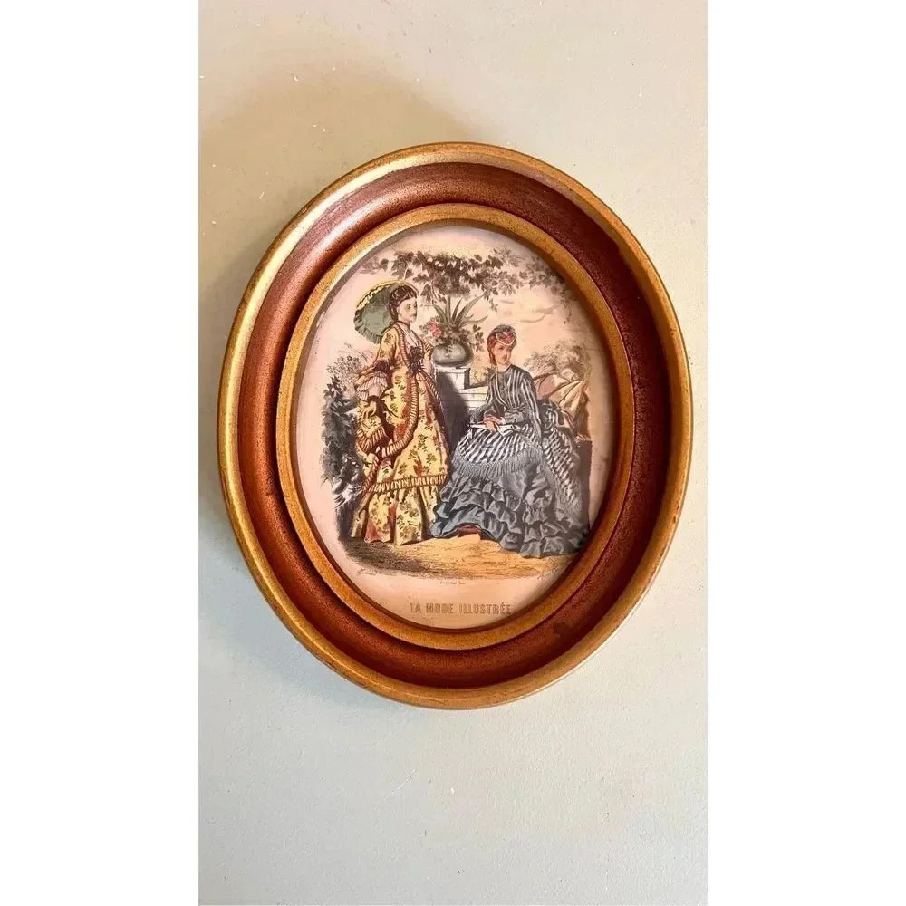 Antique Victorian‎ Oval Walnut Picture Photo Frame Print Ladies Outside w Roses
